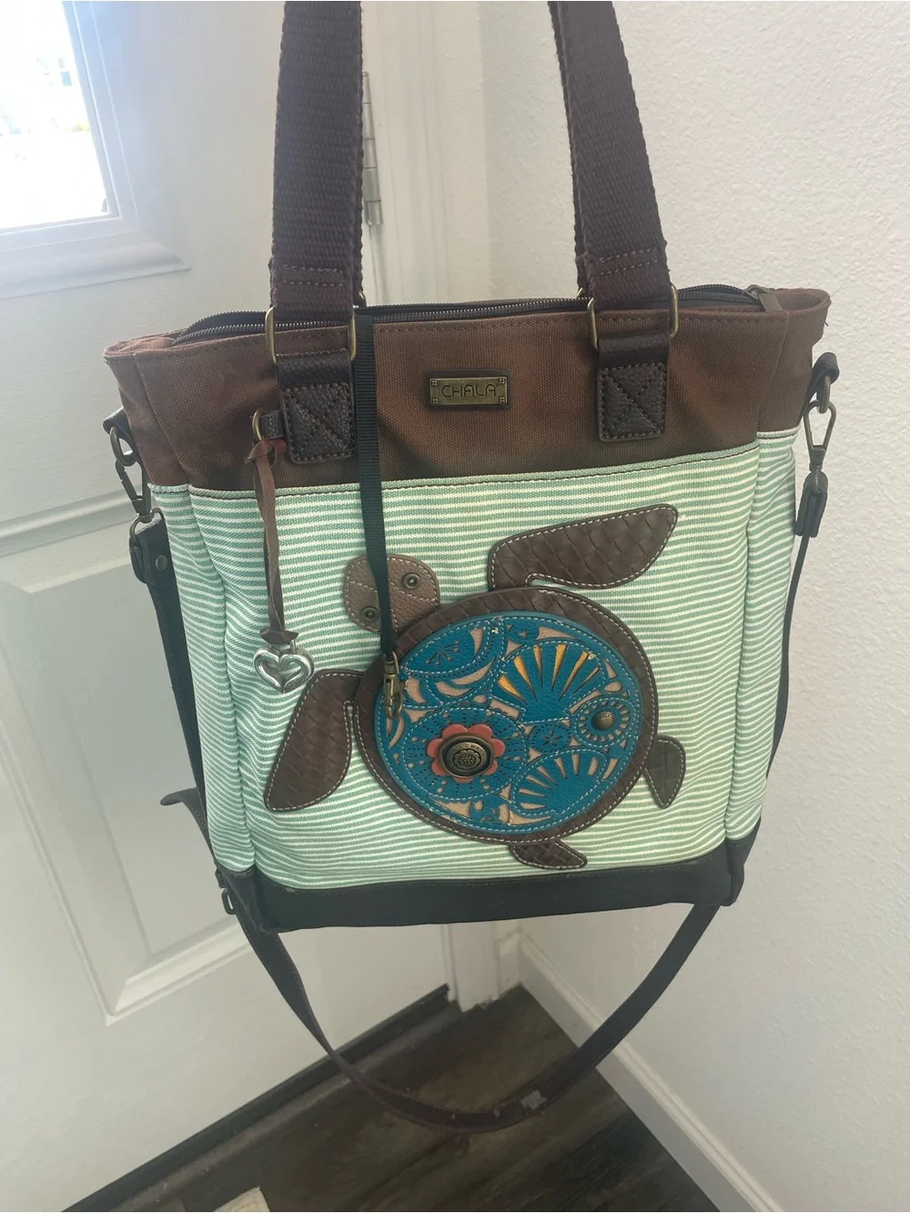 Chala Brown & Teal Turtle Appliqué Strip-Pattern Tote